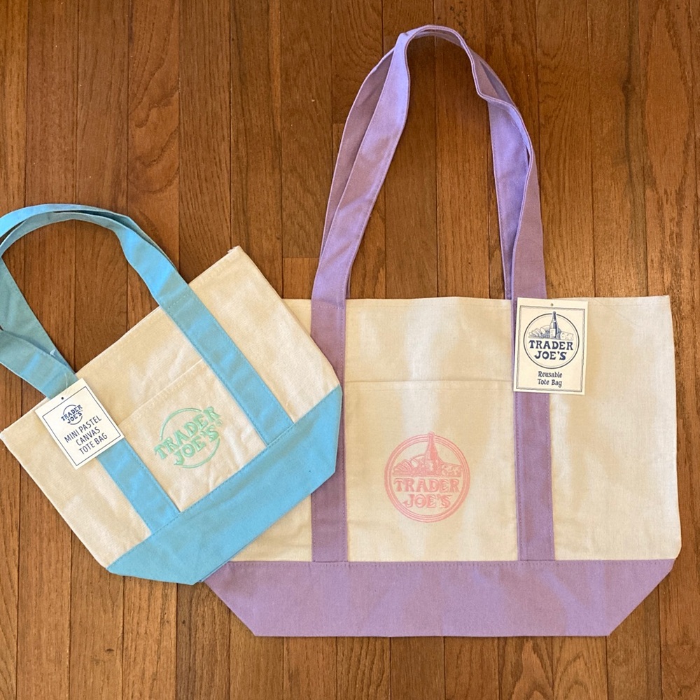 Trader Joe's 2026 Limited Canvas Tote Bag Set - Large Lavender & Mini Blue -NWT